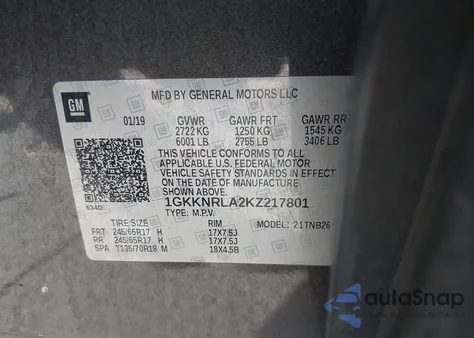 2019 GMC Acadia Sle-1 z USA, uszkodzony, nr VIN 1GKKNRLA2KZ217801